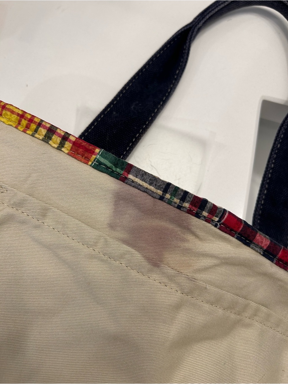 J.Crew 2007 Patchwork Madras Plaid Tote Bag Leather Logo Preppy Coastal - Picture 7 of 7